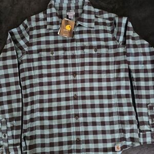 Carhartt Women's Teal and Black Checkered Button Down Shirt